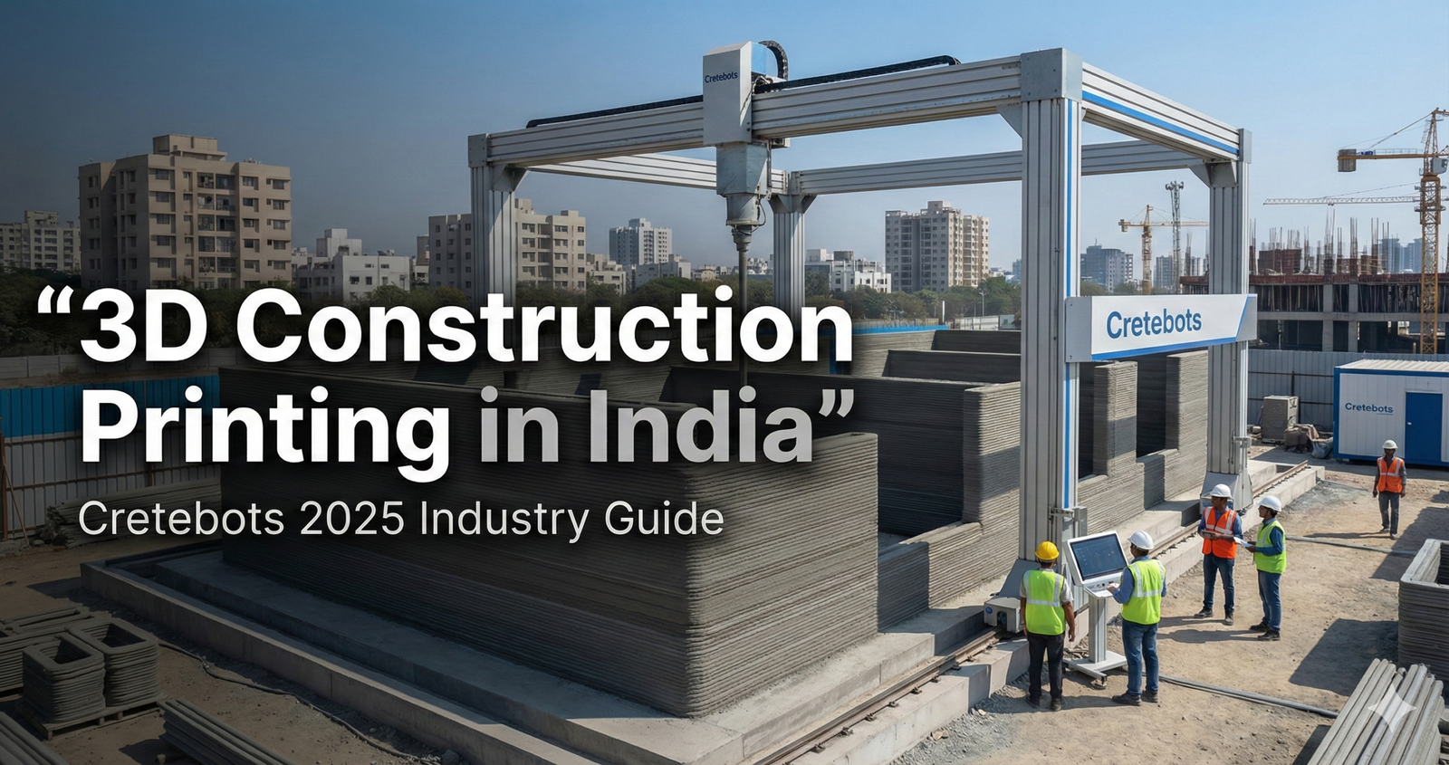 Create a high-quality Google Discover featured image (1200x628 px) for a blog about 3D construction printing in India. Scene: A modern commercial building being constructed using 3D concrete printing technology on an Indian construction site. Show a large gantry-based 3D construction printer actively printing concrete walls layer by layer. Workers wearing safety helmets observing the automated printing process. Indian urban background with clear sky. Branding: Use a clean, professional color palette inspired by construction and technology (grey, white, subtle blue accents). Add subtle branding for “Cretebots” (no logo required, just brand feel). Text Overlay (bold, minimal, center-left): “3D Construction Printing in India” Subtext (smaller): “Cretebots 2025 Industry Guide” Text Style: Bold sans-serif font, high contrast, clearly readable on mobile. No clutter, no extra icons. Overall Mood: Innovative, trustworthy, future-ready, industrial-tech. Google Discover friendly, news-style visual. Ultra-realistic, photorealistic, sharp focus.